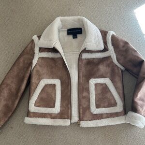 French Connection Brown and Cream Puffer moto Jacket large